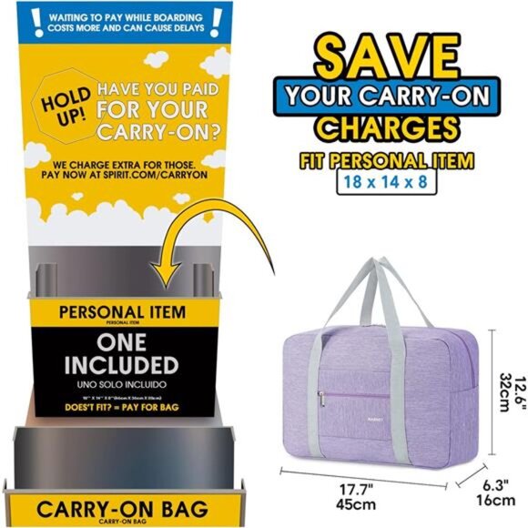 For Spirit Airlines Personal Item Bag 18x14x8 Foldable Travel Duffel Bag Tote - Picture 2 of 8